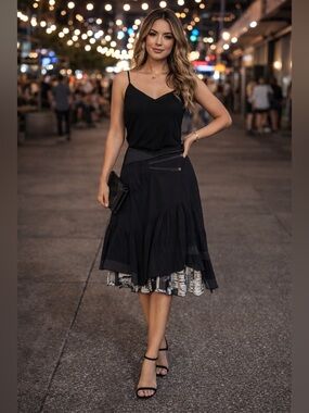 Black High-Low Tiered Skirt with Ruffle Hem